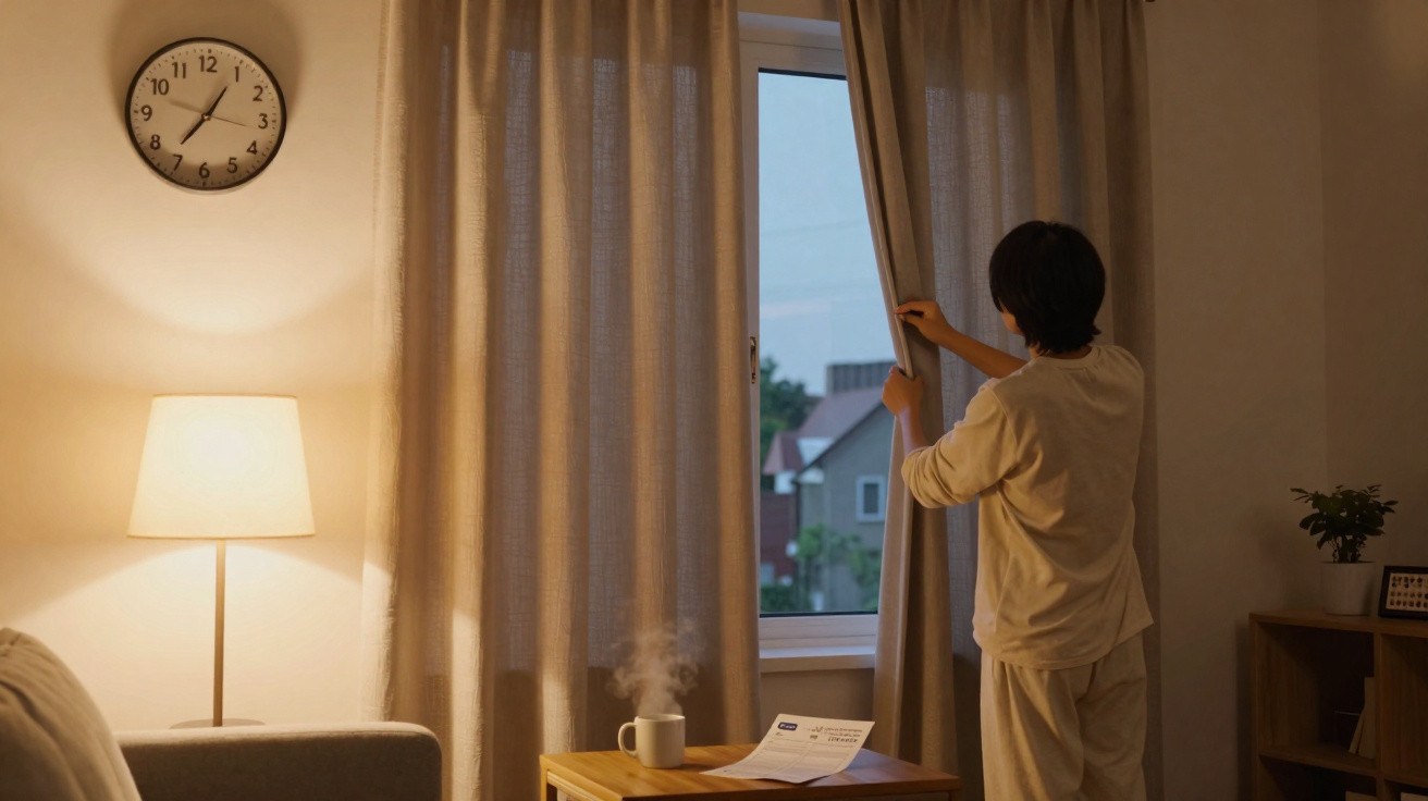 Pessoa a abrir cortinas num quarto com luz amarela, mesa com chá quente e relógio na parede às 18h10.