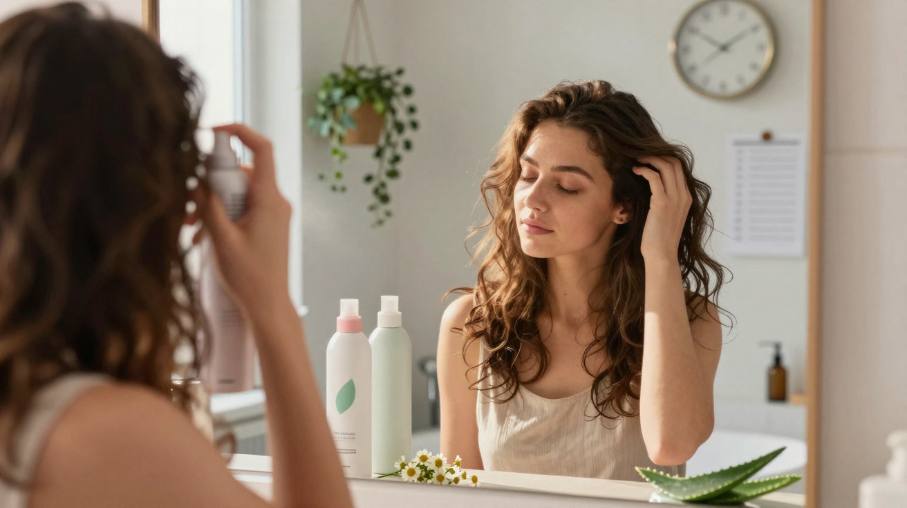 Mulher a cuidar do cabelo à frente do espelho numa casa de banho com plantas e produtos de beleza.