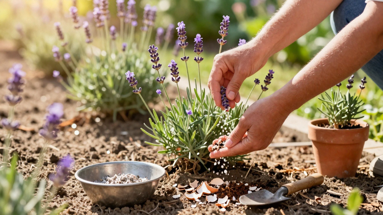 Mãos a colocar cascas de ovo trituradas junto de plantas de lavanda num jardim ensolarado.