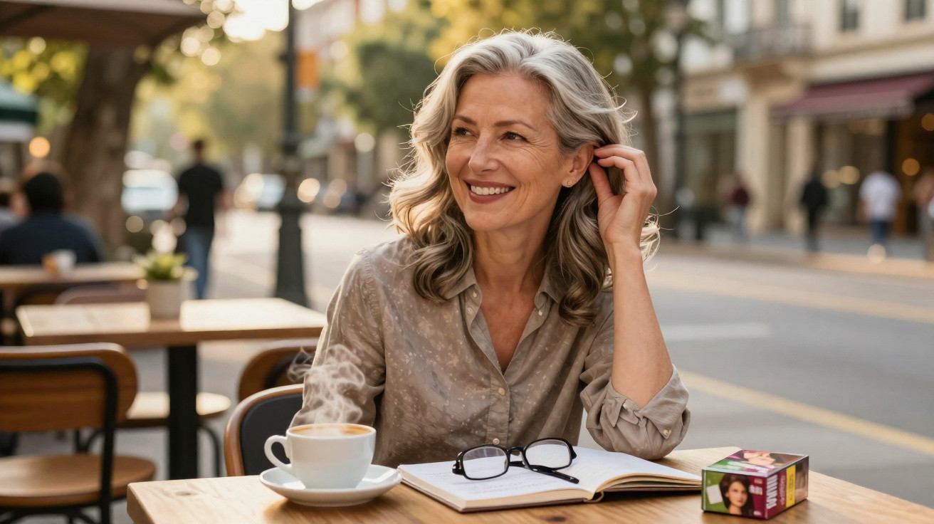 Mulher sorridente sentada numa esplanada com café, caderno e óculos, numa rua urbana ensolarada.