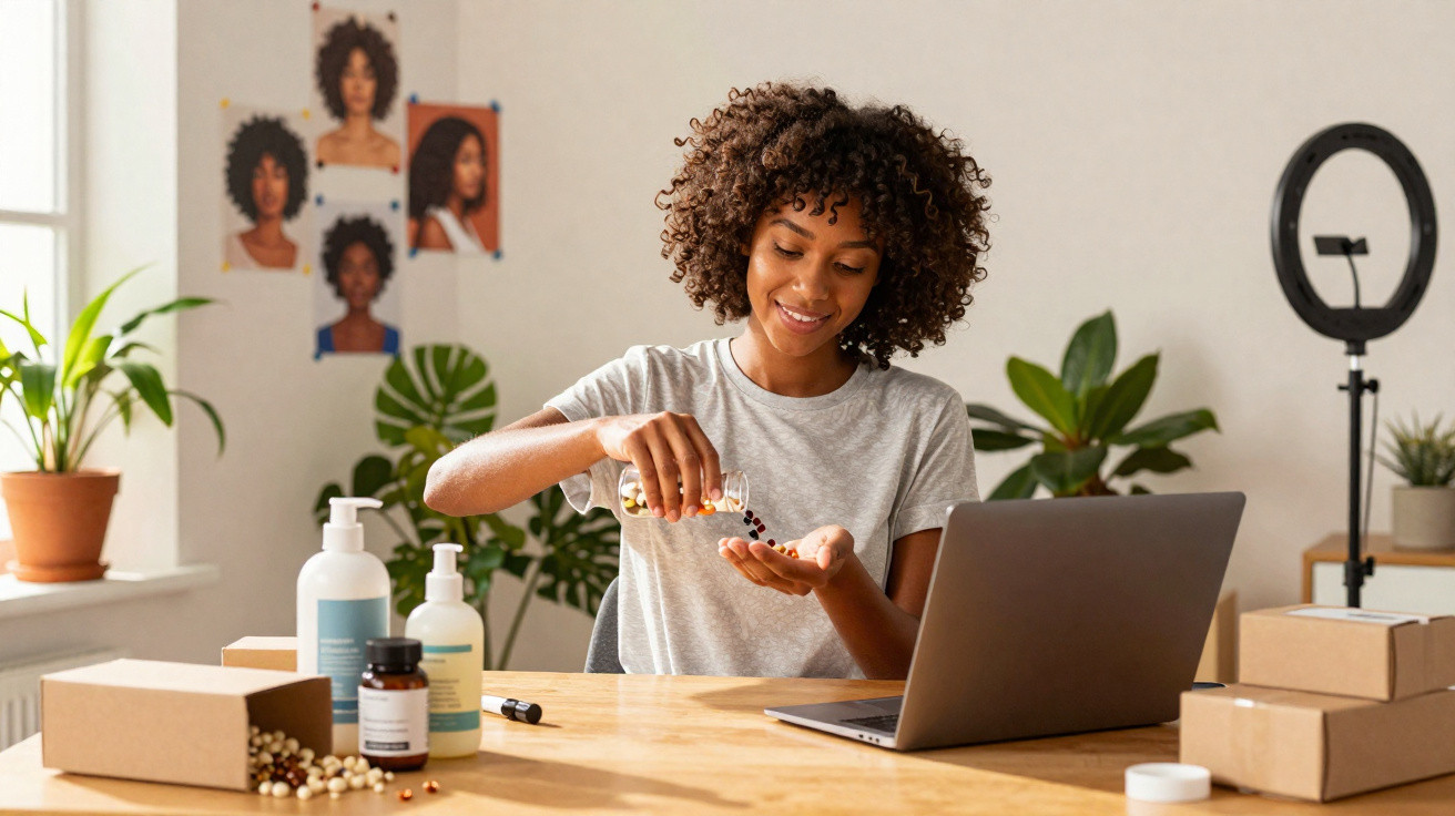 Mulher sorridente a colocar cápsulas na mão, sentada à mesa com computador e produtos de beleza.