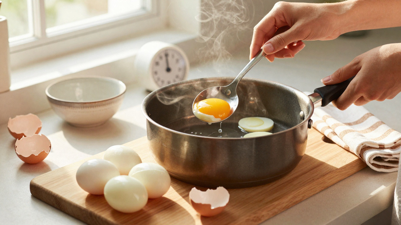 Mãos a retirar gema de ovo escalfado com colher de panela fumegante na cozinha iluminada.