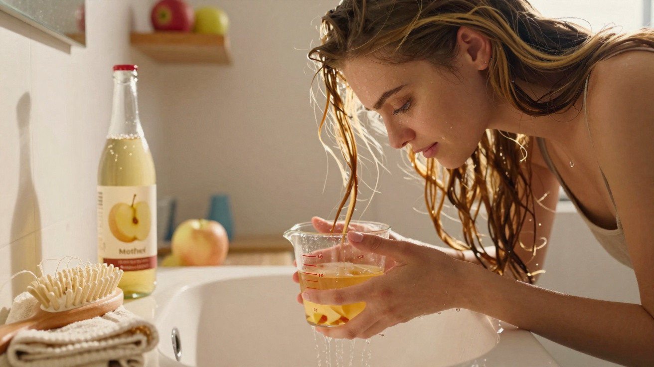 Mulher com cabelo molhado segura copo com líquido e frute em casa de banho iluminada naturalmente.