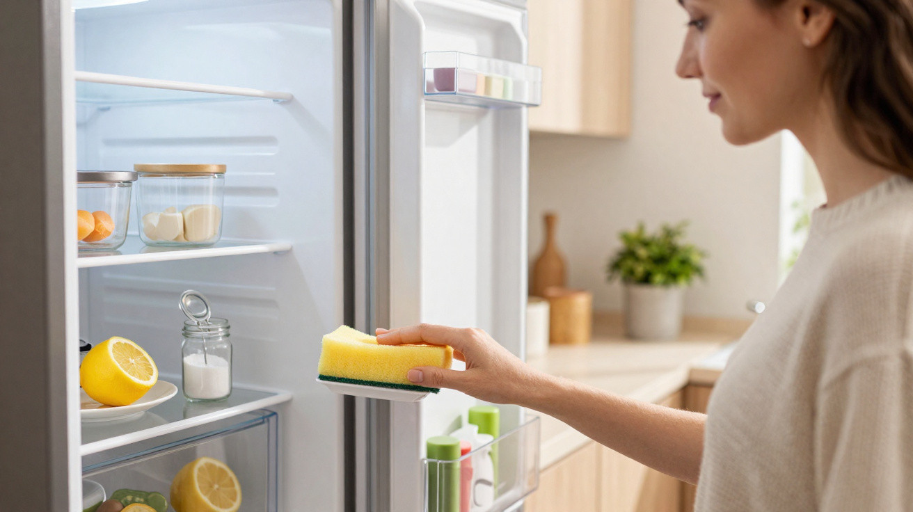 Mulher a limpar o interior de um frigorífico aberto com uma esponja amarela e verde na cozinha.