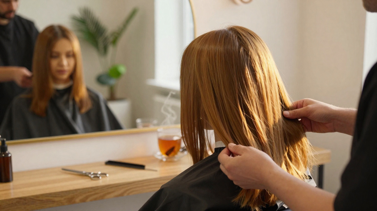 Mulher com capa preta no cabeleireiro enquanto o profissional examina o cabelo liso e ruivo dela.