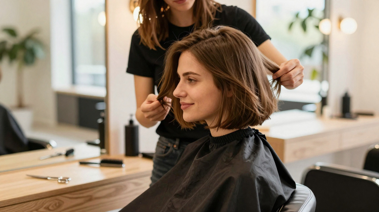Mulher sorridente sentada num salão enquanto cabeleireira lhe ajusta o cabelo castanho curto.