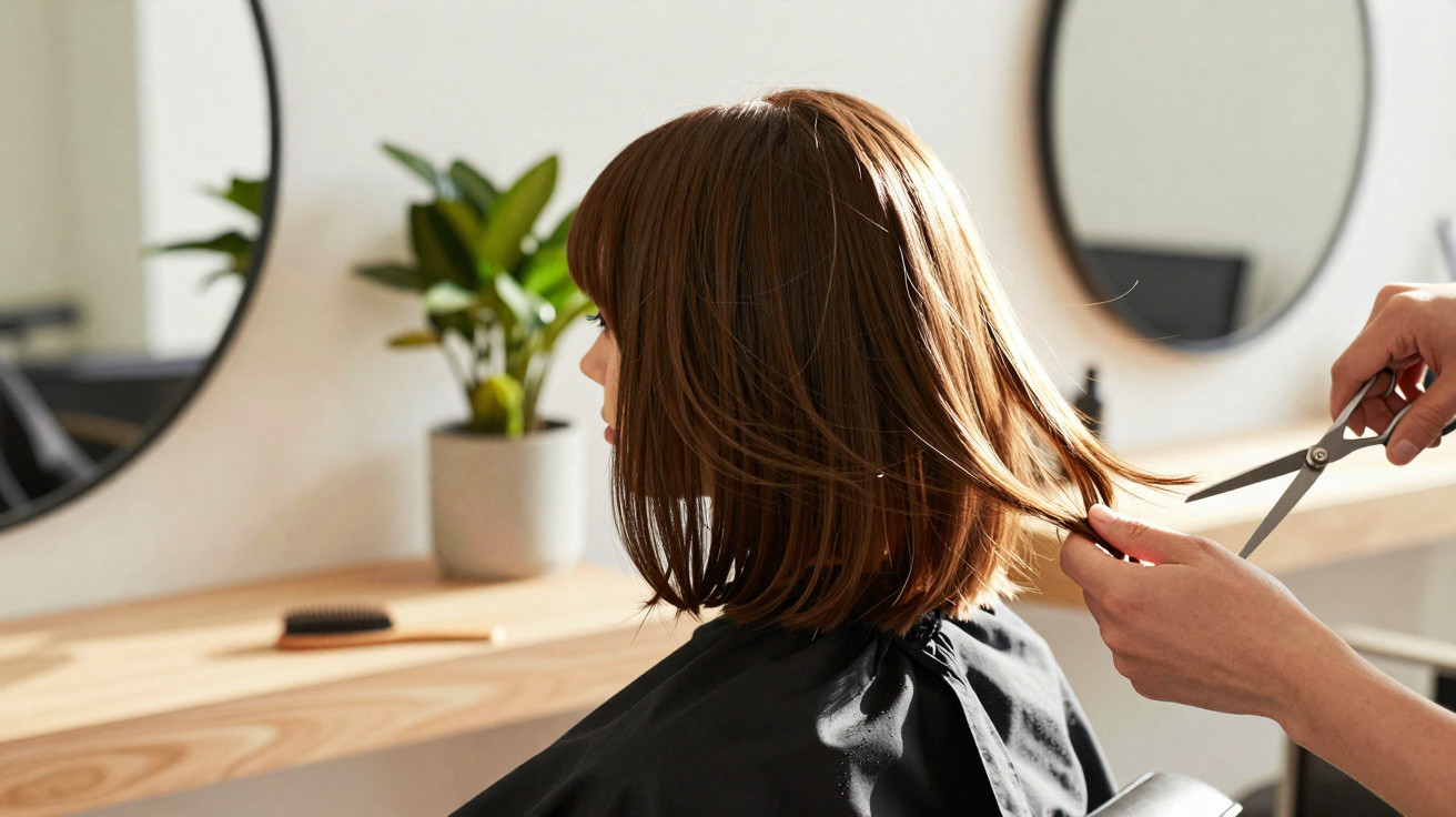 Pessoa a cortar o cabelo curto castanho num salão com espelhos e planta ao fundo.