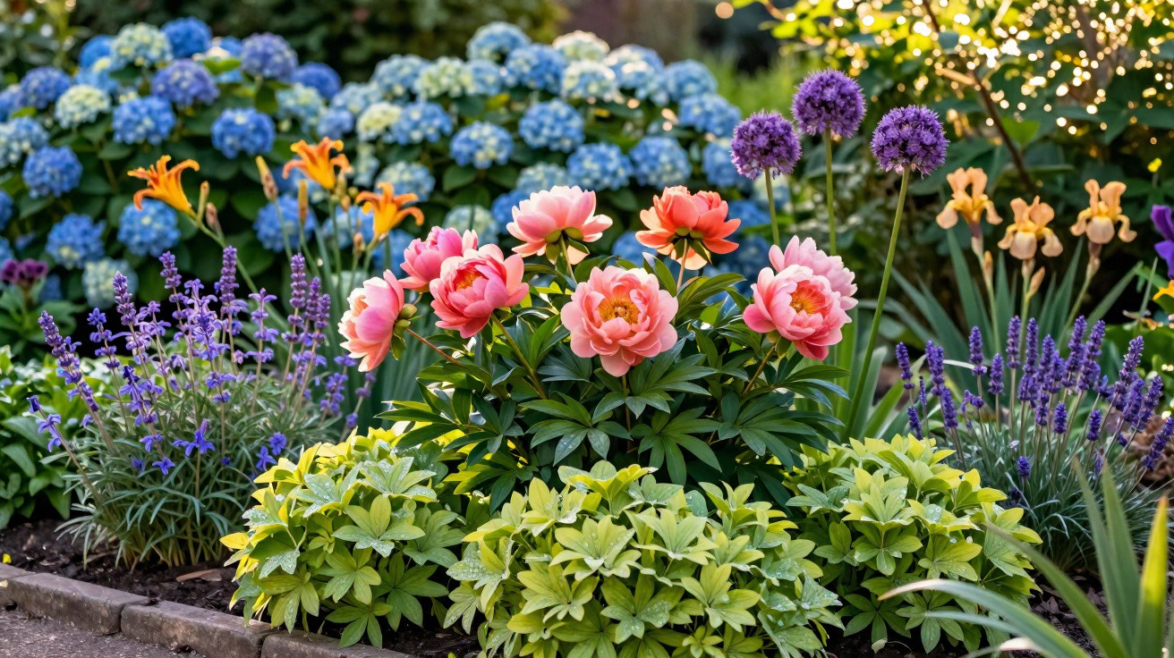 Jardim florido com peónias cor de rosa, lavandas, lírios alaranjados e hortênsias azuis ao fundo.