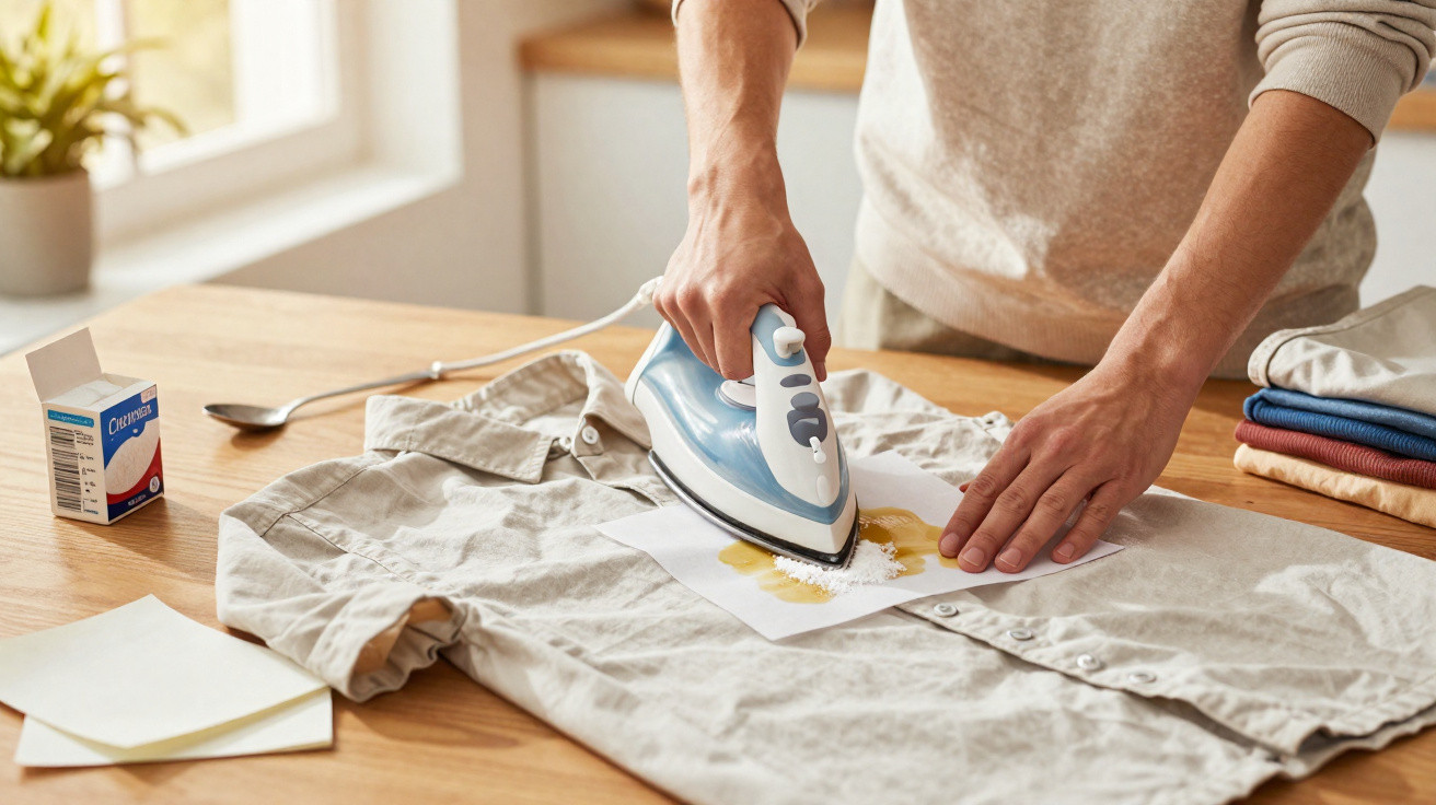 Pessoa a passar a ferro uma camisa para remover uma mancha usando um papel absorvente.