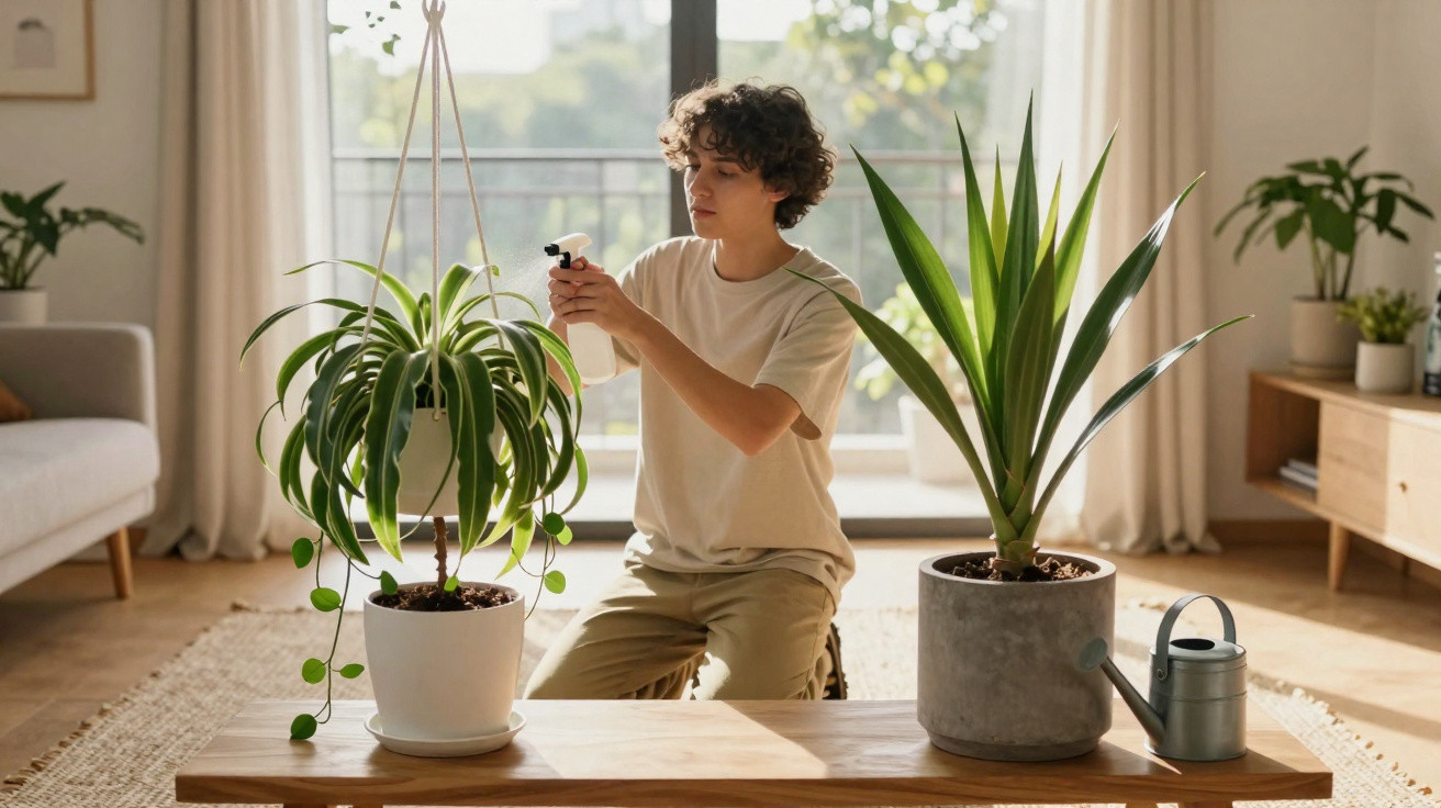 Pessoa a regar plantas domésticas com pulverizador num espaço luminoso e acolhedor.
