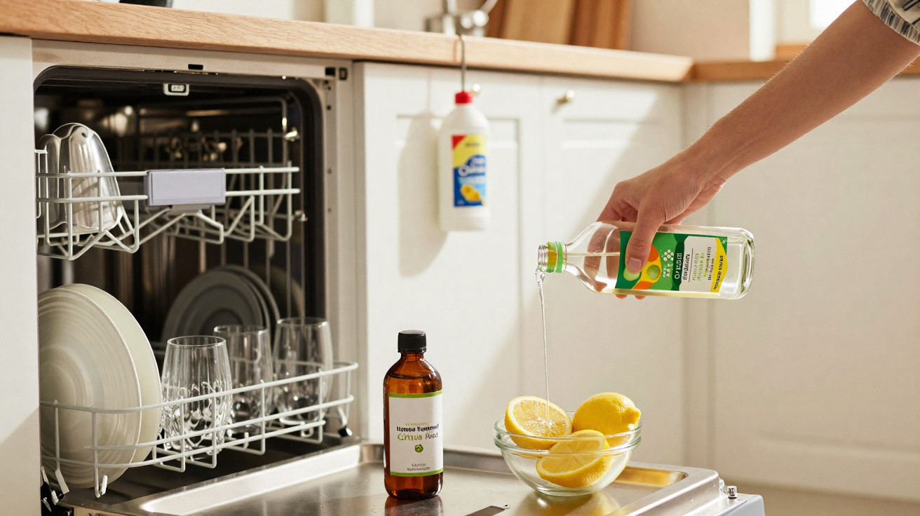 Mão a verter líquido de garrafa transparente para uma taça com limões ao lado de uma máquina de lavar loiça aberta.