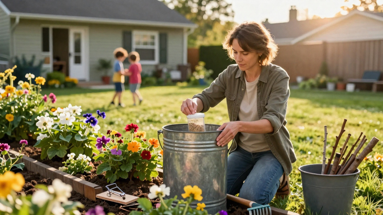 Mulher a preparar composto para jardim florido, com crianças a brincar e casa ao fundo ao pôr do sol.