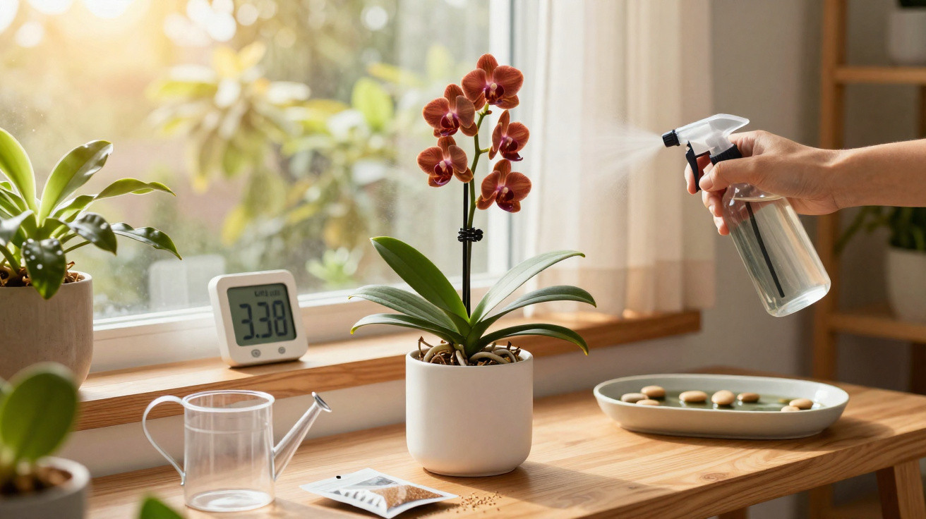 Mão a pulverizar água numa orquídea vermelha numa mesa de madeira junto a uma janela iluminada.