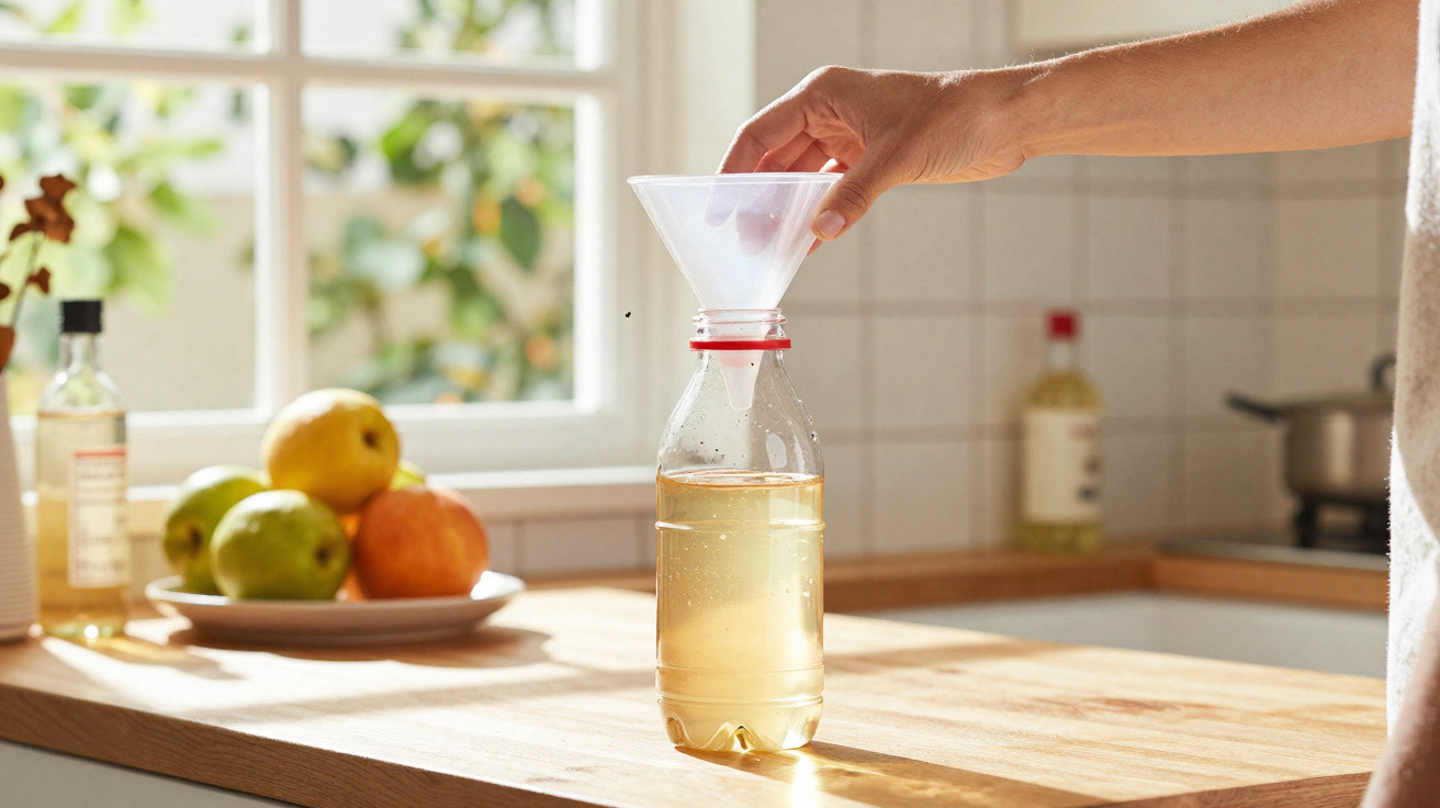 Pessoa a verter líquido amarelo numa garrafa plástica com um funil numa cozinha iluminada.