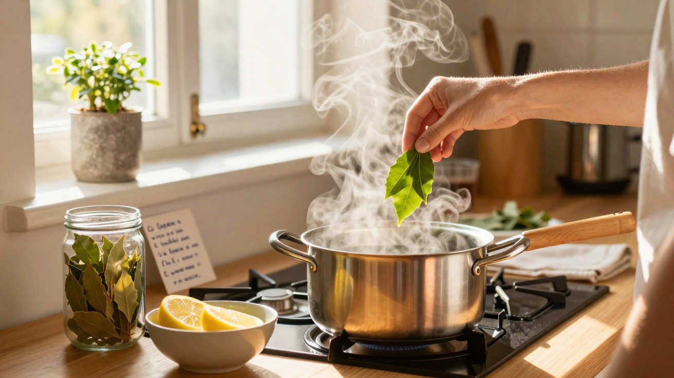 Mão a colocar folha de louro numa panela com vapor numa cozinha iluminada pelo sol.