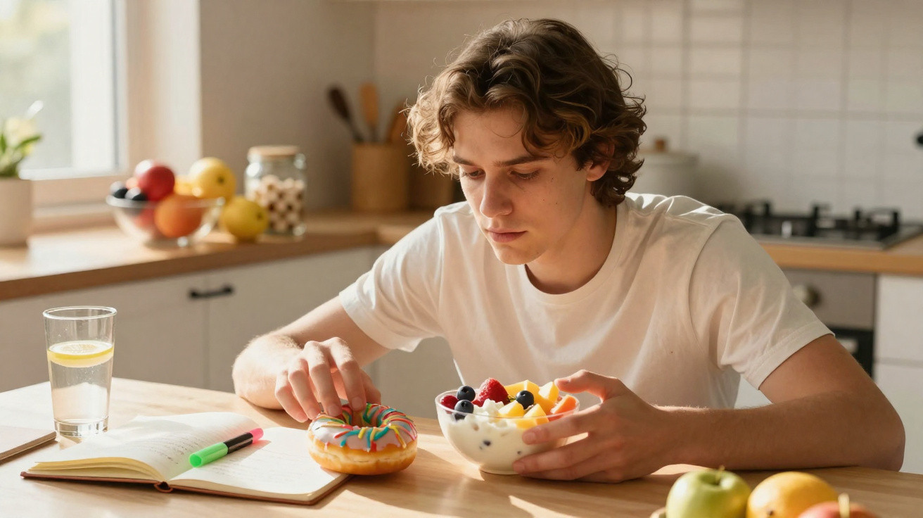 Jovem sentado à mesa de cozinha com caderno, canetas, um donut colorido e uma taça de iogurte com fruta.