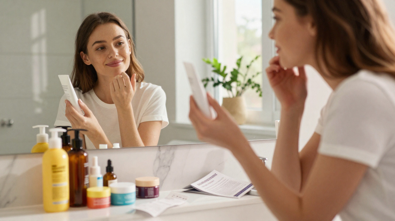 Mulher a verificar produto cosmético e a cuidar da pele em frente ao espelho de casa de banho.