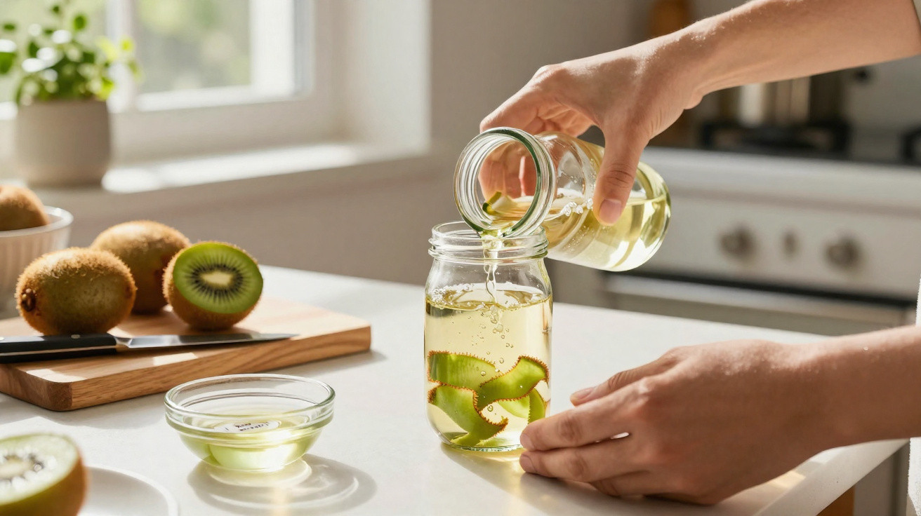 Mãos a verter líquido de um frasco para jarro com fatias de kiwi numa cozinha iluminada pela luz natural.