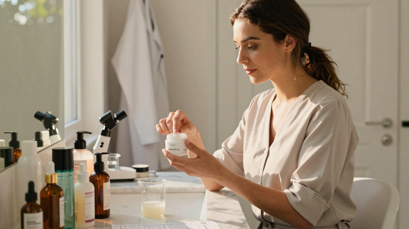 Mulher a aplicar creme facial sentada numa mesa com vários frascos de cosméticos e microscópio.
