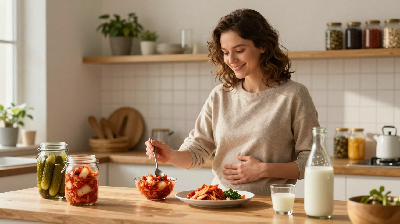 Mulher grávida a sorrir enquanto come numa cozinha, com legumes em frascos e leite na mesa.