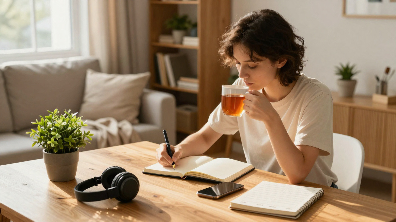 Pessoa a escrever num caderno e a beber chá, numa mesa de madeira com fones, telemóvel e plantas.