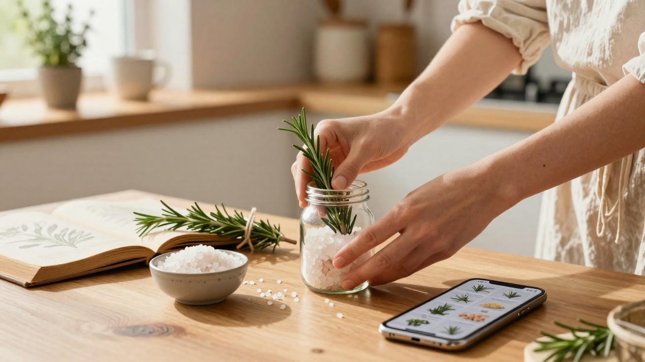 Mãos a colocar ramo de alecrim num frasco com sal grosso numa cozinha com smartphone e livro abertos.