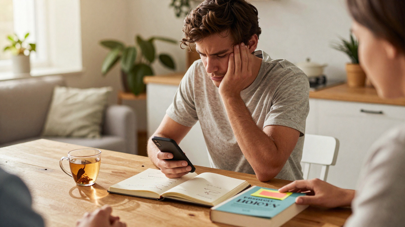 Jovem sentado à mesa a olhar preocupado para o telemóvel com livro e chá à sua frente.