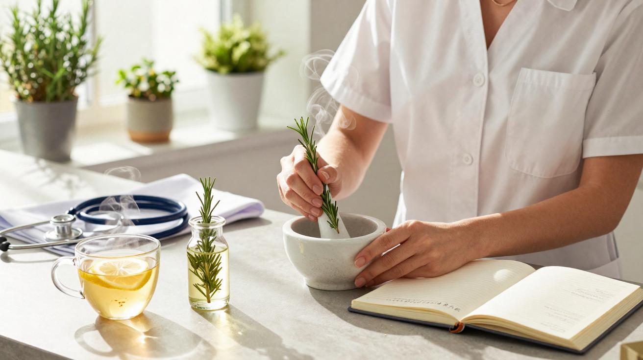 Pessoa moendo ervas num almofariz com chá, estetoscópio e caderno numa mesa iluminada por luz natural.