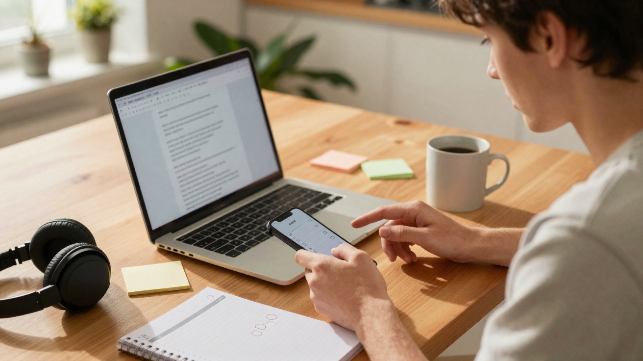 Pessoa a usar telemóvel e computador portátil numa secretária com bloco de notas, auscultadores e caneca de café.