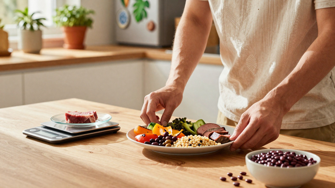 Pessoa a preparar prato com legumes, feijão, carne e grãos numa cozinha iluminada.