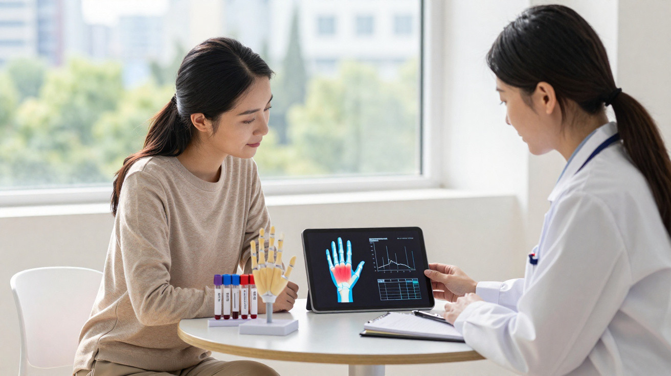 Médica a mostrar radiografia digital da mão à paciente durante consulta num consultório com luz natural.