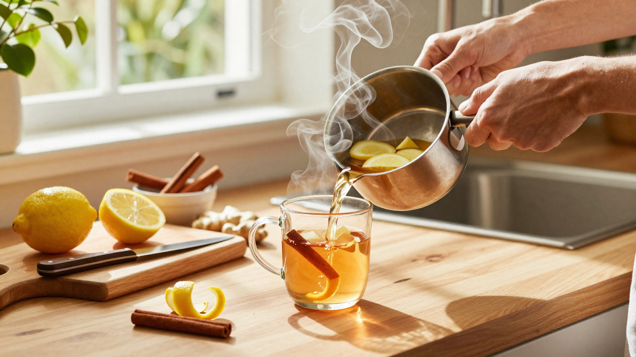 Pessoa a servir chá quente com canela e limão numa cozinha iluminada pela luz natural.