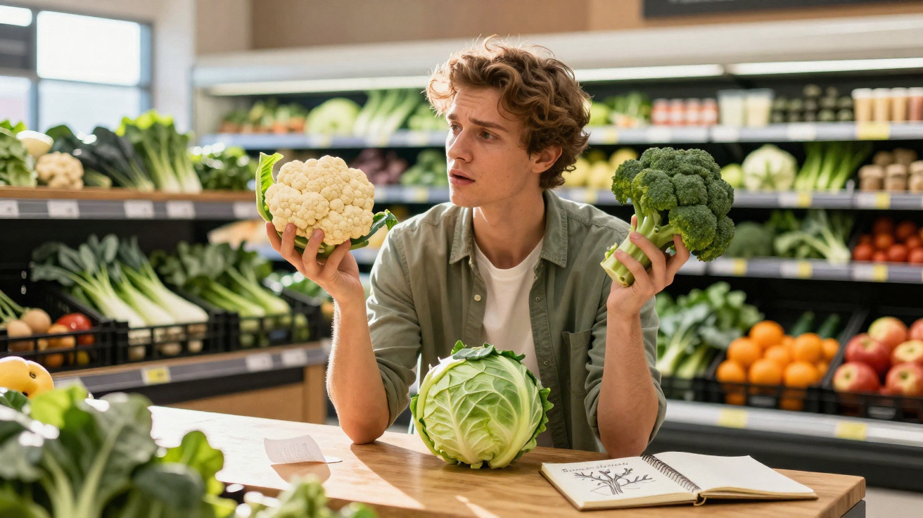 Jovem em supermercado segura brócolos e couve-flor na dúvida entre os dois legumes.