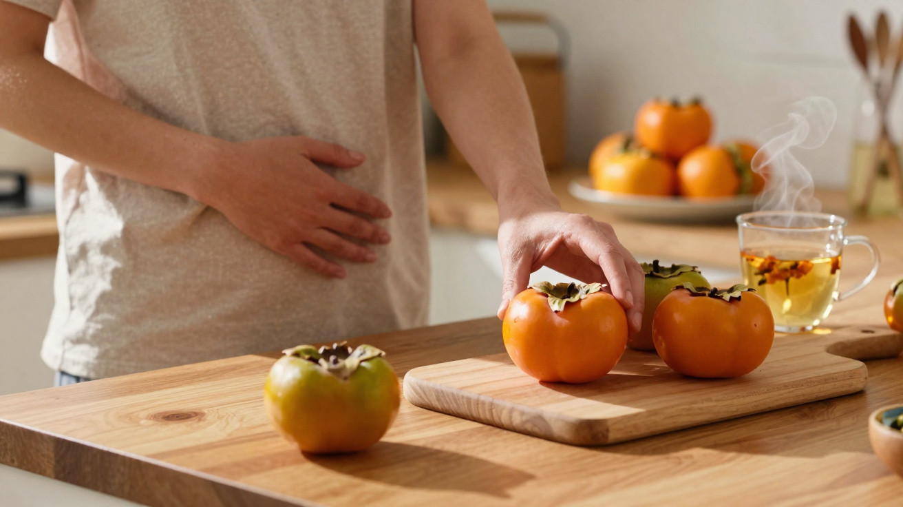 Pessoa segurando caqui numa cozinha com chá quente e uma mão na barriga.