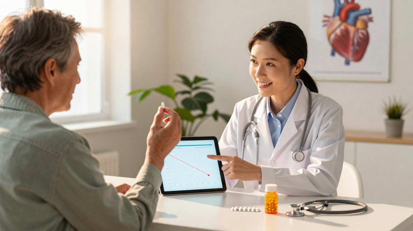 Médica a explicar gráfico num tablet a paciente durante consulta num consultório médico.