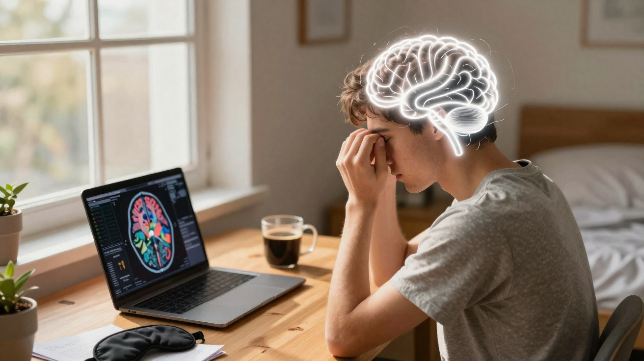 Homem com dor de cabeça sentado à secretária a olhar para o computador com imagem de cérebro digital sobre a sua cabeça.