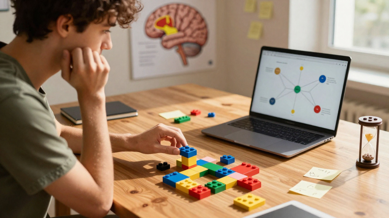 Pessoa a construir figura com blocos coloridos de plástico numa mesa com computador portátil e ampulheta.