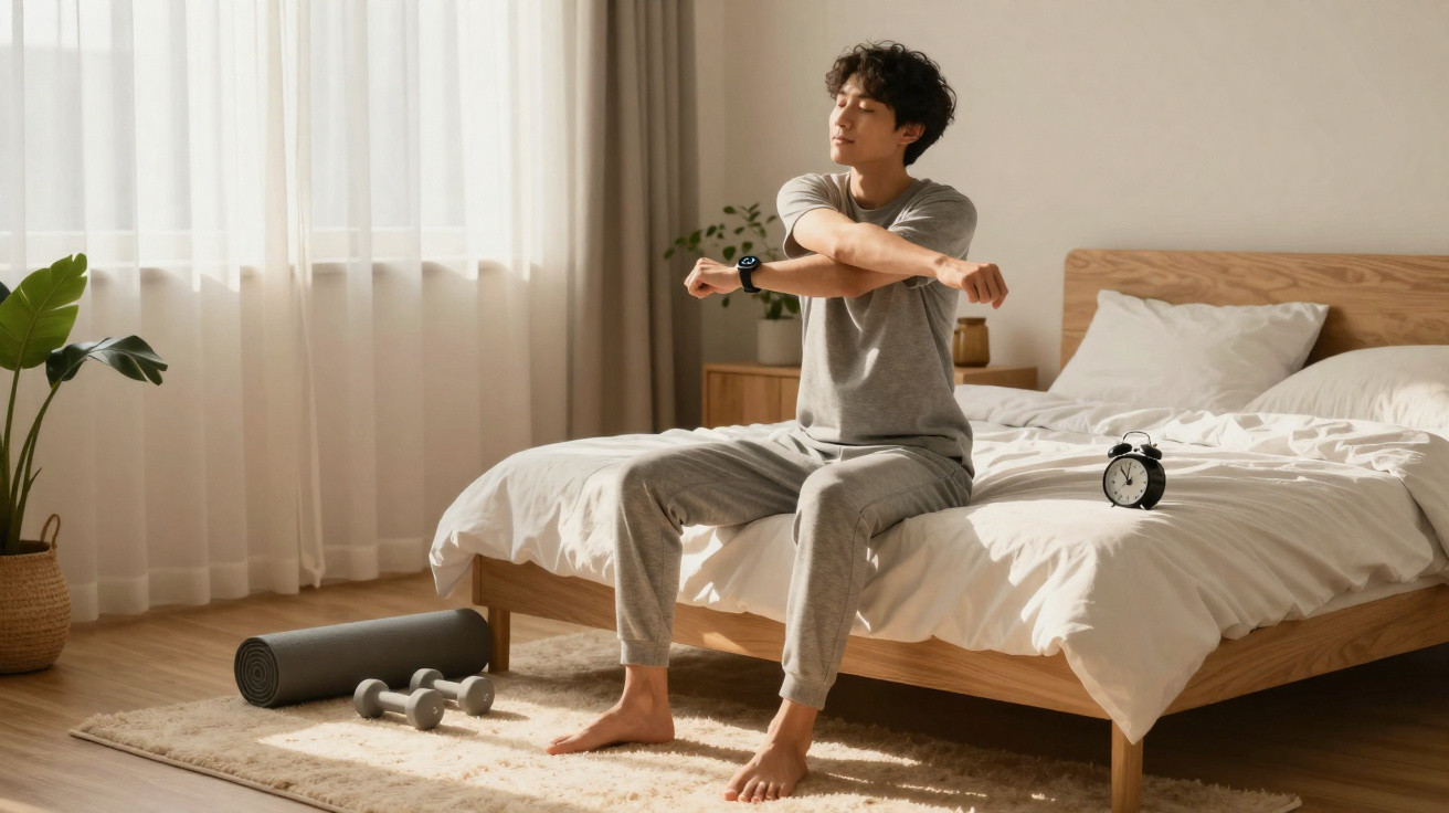 Homem sentado na cama a alongar os braços num quarto iluminado e arejado com tapete, pesos e tapete de yoga.
