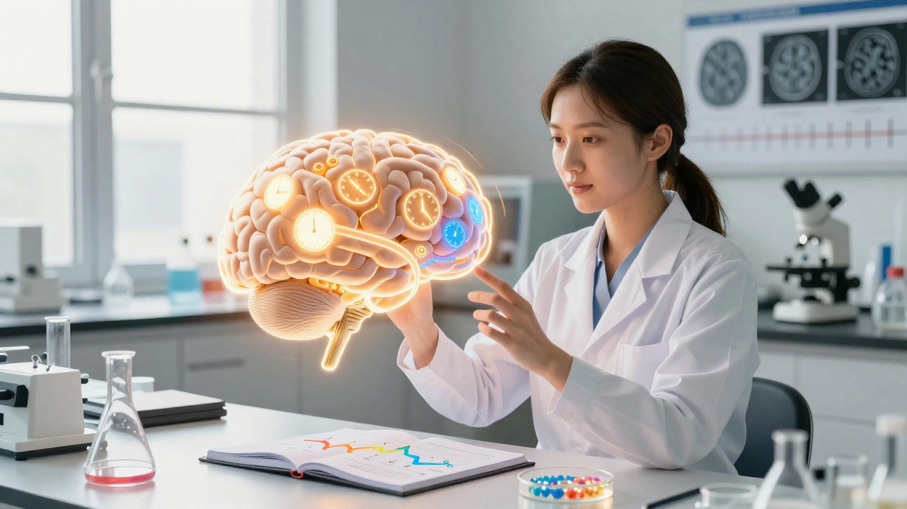 Cientista em laboratório analisa modelo 3D de cérebro com elementos de relógios e relógios internos.