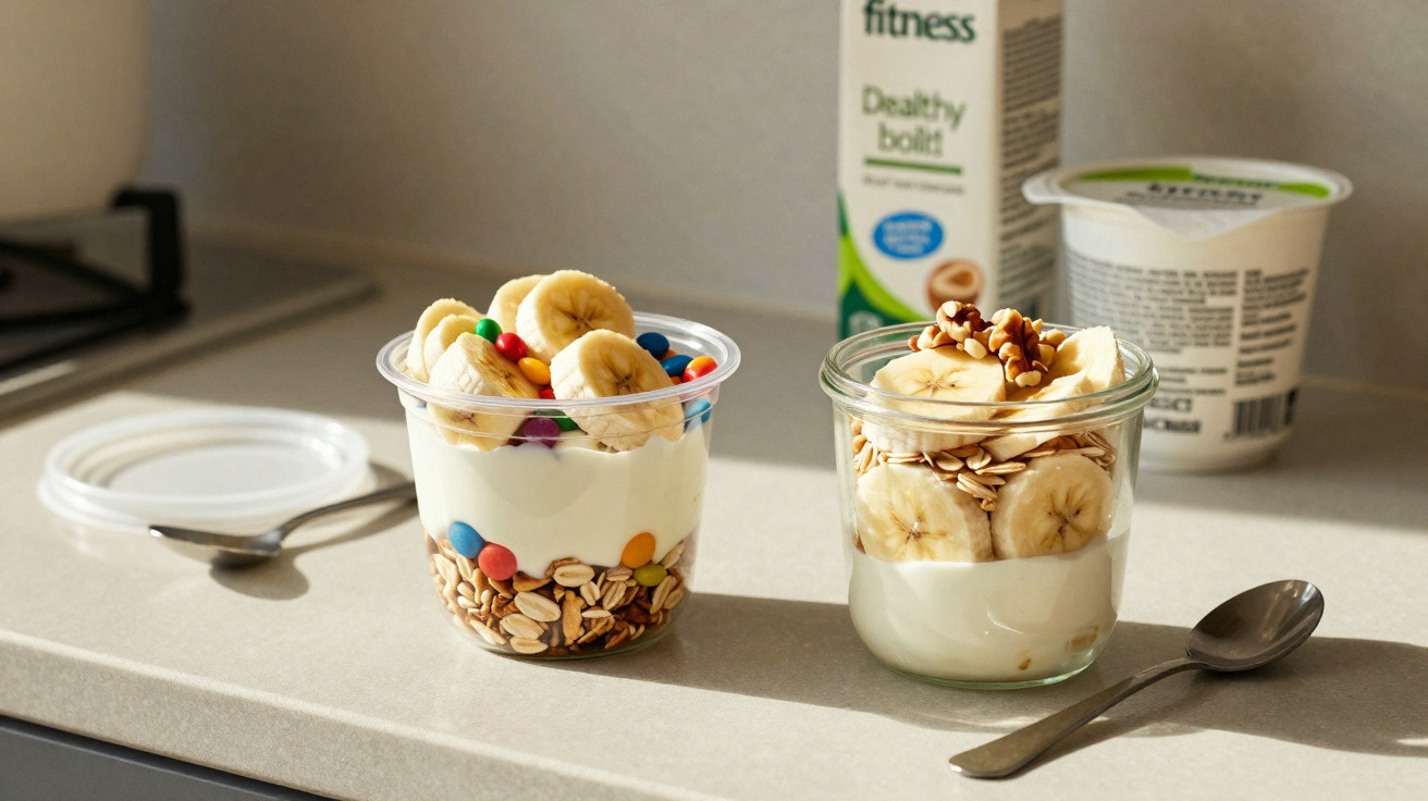 Dois copos com iogurte, flocos de aveia, banana em rodelas, frutos secos e pastilhas coloridas numa bancada de cozinha.