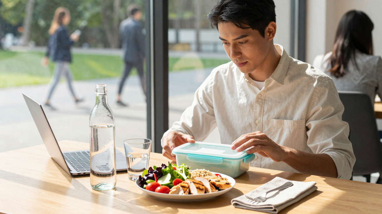 Homem tira recipiente de plástico para almoçar salada com frango numa mesa junto a uma janela.