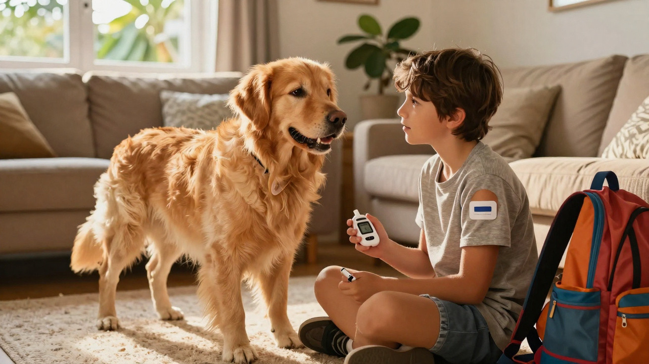 Criança sentada no chão de uma sala ao lado de um cão golden retriever enquanto conversa.