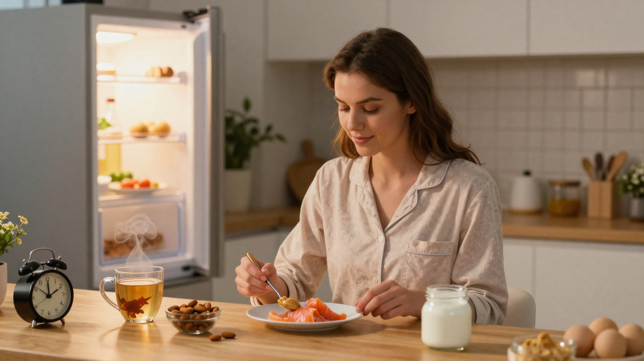 Mulher em pijama a comer salmão ao pequeno-almoço numa cozinha moderna, com chá e iogurte na mesa.
