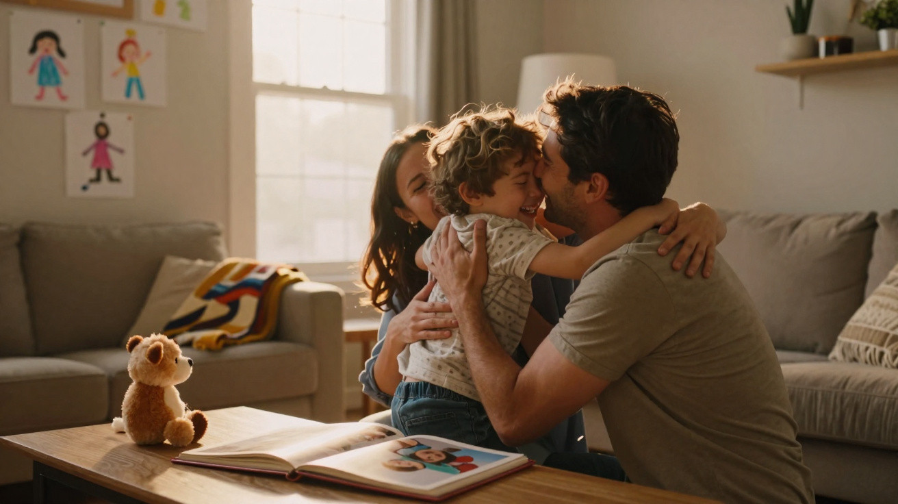 Família feliz a abraçar-se na sala de estar com brinquedo e livro numa mesa à frente.