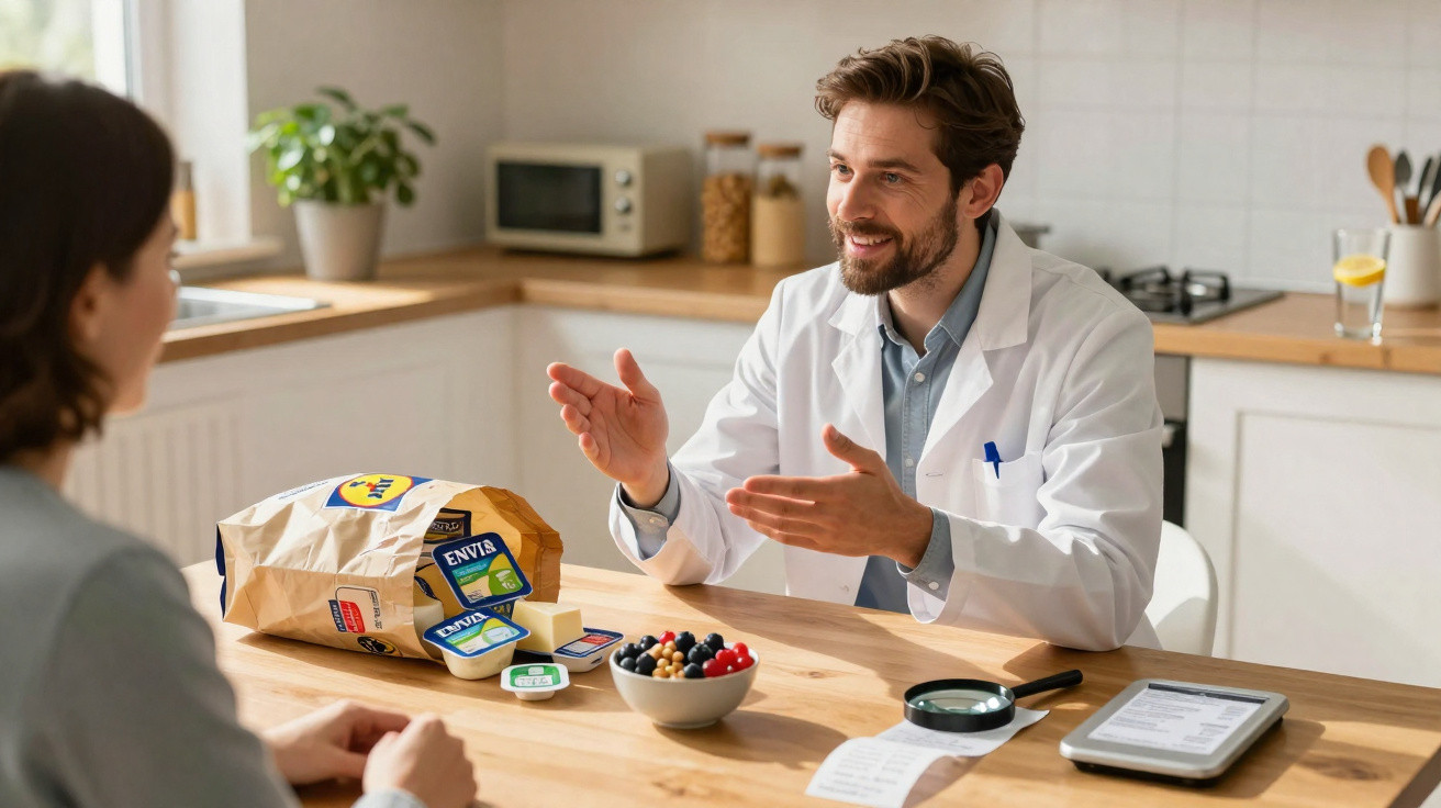 Nutricionista em consulta a explicar plano alimentar a mulher numa cozinha moderna.