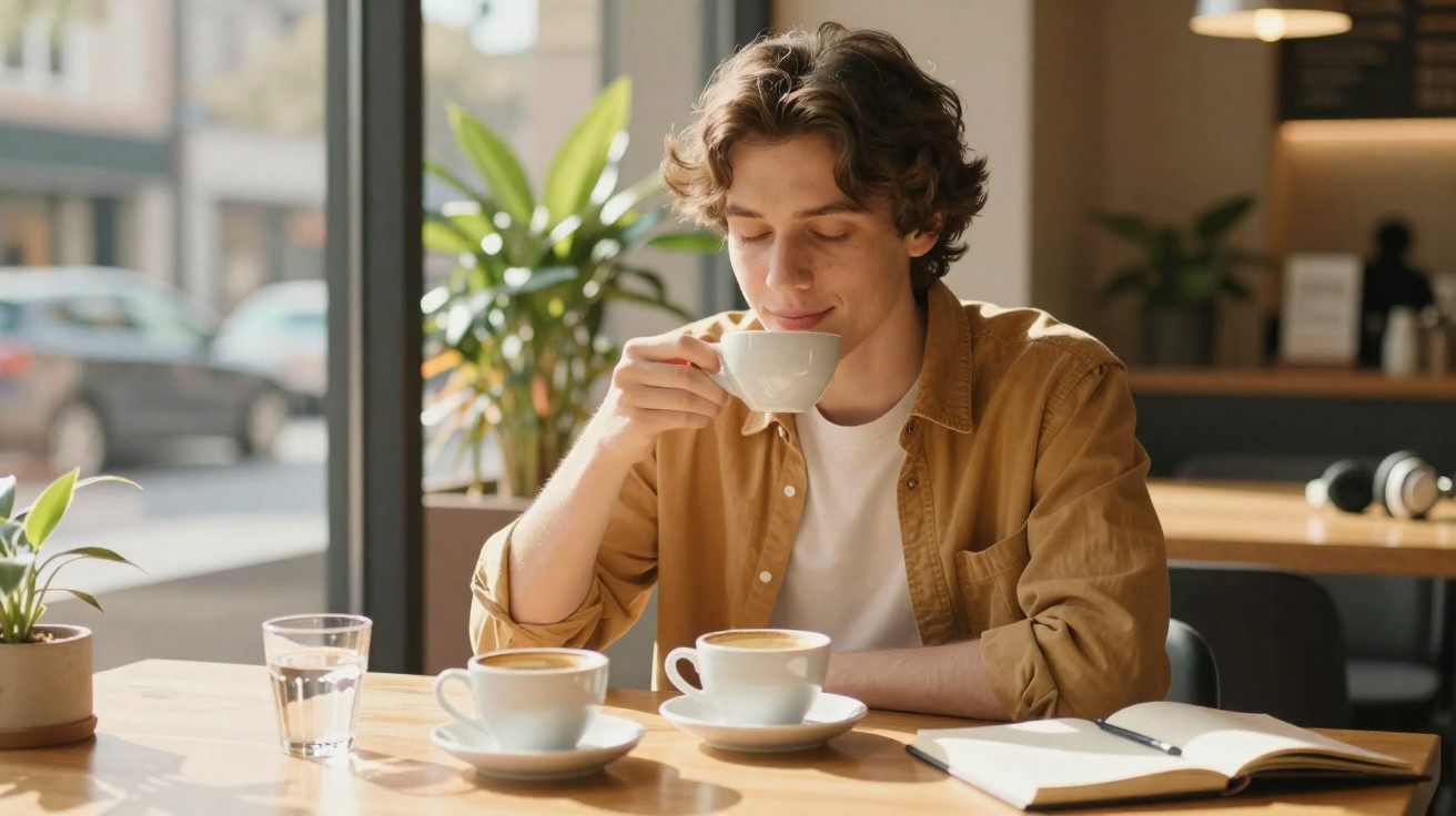 Jovem sentado numa cafetaria a beber café, com caderno aberto e planta na mesa.