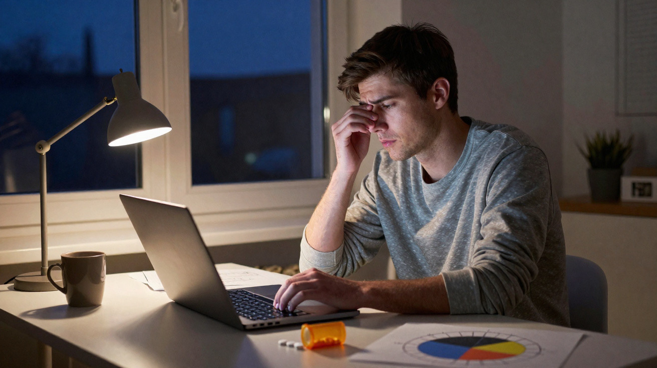 Homem cansado a trabalhar ao computador à noite com comprimidos e gráfico na secretária.