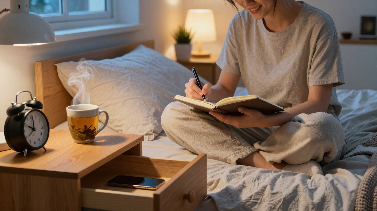 Mulher sentada na cama a escrever num caderno, chá quente e despertador numa mesa de cabeceira à noite.