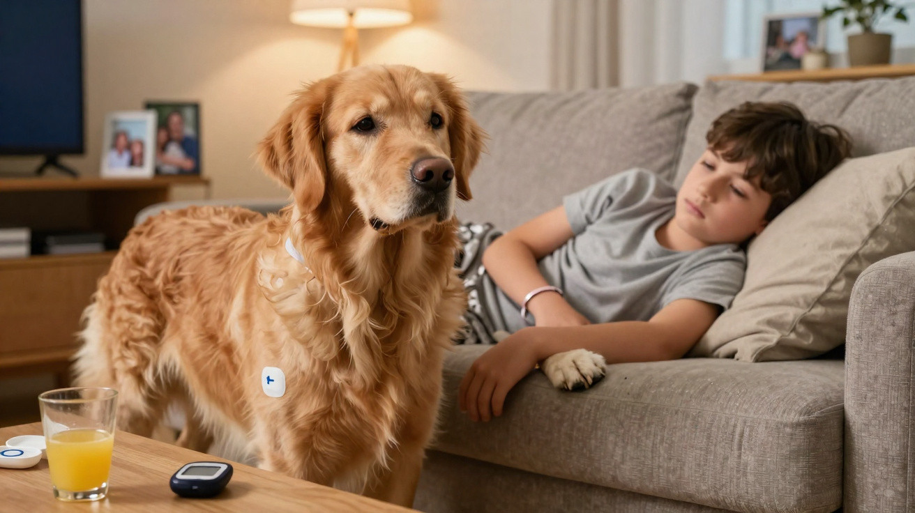 Cão golden retriever com sensores e menino deitado no sofá numa sala acolhedora.