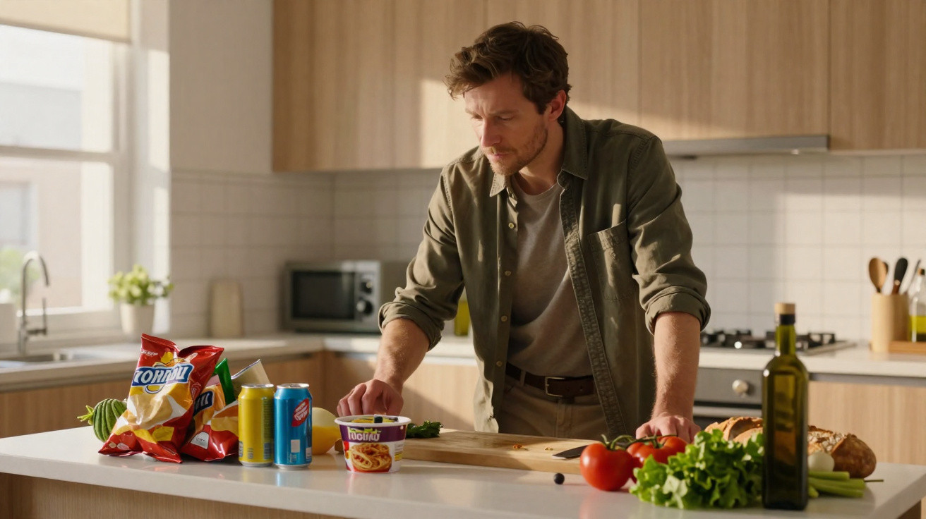 Homem na cozinha prepara refeição junto a legumes, bebidas e snacks sobre a bancada branca.